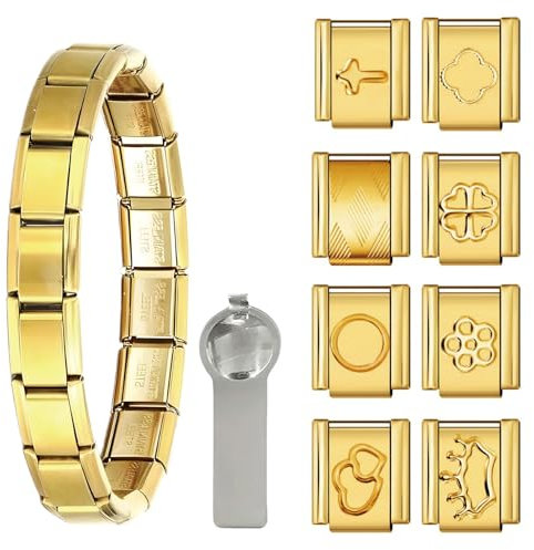 AstraGlam Bracelet Charme Pour Femmes & Hommes – Bracelet Extensible En Acier Inoxydable Avec 8 Breloques Individuelles – Bijoux Personnalisables, Pour Toute Occasion (Or)