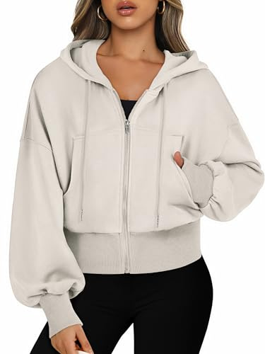 Jhsnjnr Damsweatjacka med huva långärmad huvtröja sweatshirt dragkedja sport kort jacka crop zip huvtröja, Vit aprikos, XL