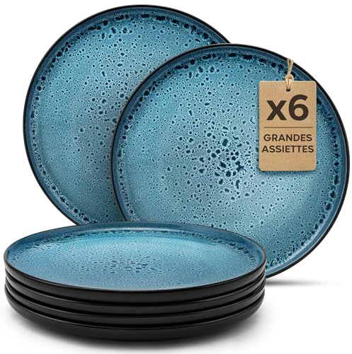Twinzee 6 Grandes Assiette Azur - Compatible Micro-onde - Assiettes Service de Table Riviera Collection