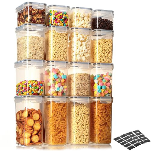 VINATO Botes Cocina Almacenaje, Juego de 16 Recipientes Herméticos para Alimentos Para Frigorífico o Armario para Almacenar Cereales, Harina, Azúcar, Pasta Juego de Etiquetas