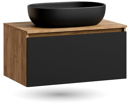 Planetmöbel Arisa Badmöbel Set Waschtisch 80 cm Gold Eiche schwarz, Waschbecken 60 cm schwarz, inkl. Raumsparsiphon