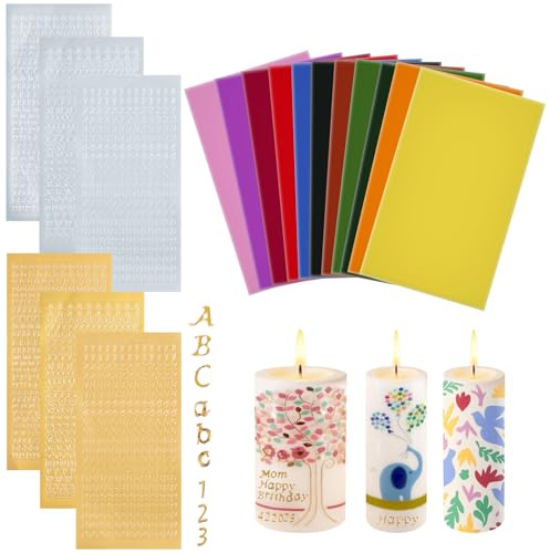 TRUEIN 24 Piezas Placas de Cera para Decorar Velas, 12 Colores Láminas de Cera con Pegatinas Letras y Números Oro y Plata, Kit DIY Decoración de Velas para Bautizo Comunión Boda Manualidades