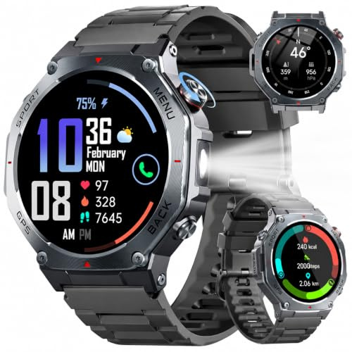 Smartwatch Herren Militär GPS, 1,43AMOLED 2026 New Fitnessuhr mit Bluetooth Anrufe, 160+ Sportmodi Kompass, 5ATM Wasserdicht, 24/7 Herzfrequenz, Schlafmonitor, Schrittzähler, Sportuhr Android für iOS
