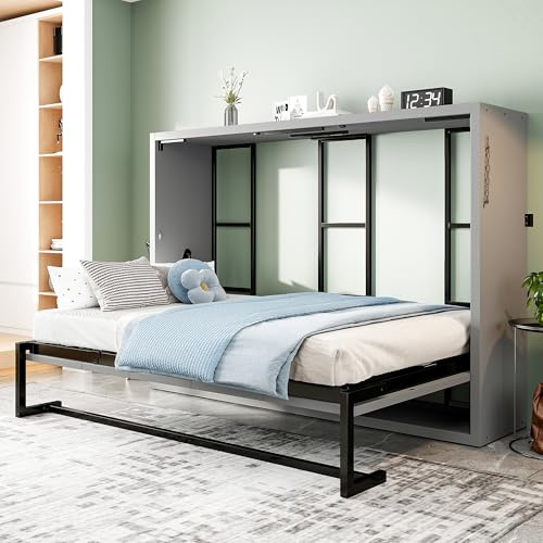 Idemon Cama Murphy, cama plegable de pared con marco de metal, cama plegable de 140 x 200 cm, combinación de marco de metal y placa de madera, con fijación a la pared con bloqueo, resistente y