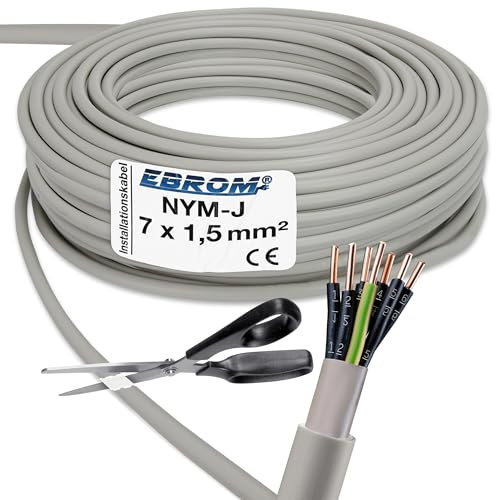 EBROM Câble gainé NYM-J NYM-J 7 x 1,5 mm² - Câble d'installation pour pièces humides - Gris - Sélection par incréments de 1 mètre - Au mètre près - Votre sélection : NYM-J 7 x 1,5 mm², longueur : 31 m