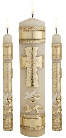 CB Church Supply Hand Crafted Wedding Candle Set by Will & Baumer, Set of 3, Cross & Rings