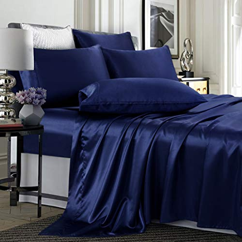 TREELY 6 Piece Queen Size Silky Smooth Navy Blue Satin Sheet Set with Deep Pocket, Fitted Sheet, Flat Sheet, 4 Pillowcases