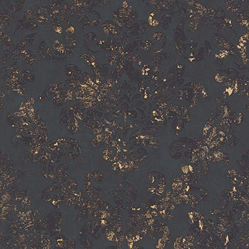 Papier peint noir et or | Papier peint baroque noir intissé & vinyle 37413-2 | Papier peint pour chambre & café | Papier peint chic doré