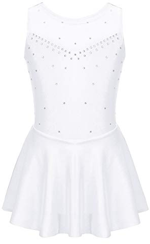 Freebily Vestito Pattinaggio Artistico Bambina Senza Maniche Strass Body Ginnastica Artistica Ballerina Tutu Danza Classica Balletto Abito Ballo Latino Dancewear Bianco 11-12 Anni