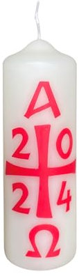 Osterkerze 150 x 50 mm mit Jahreszahl 2025, Kreuz, Alpha-Omega