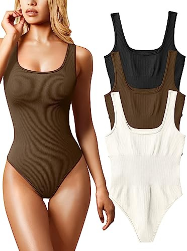 OQQ Women's 3 Piece Bodysuits Sexy Ribbed Sleeveless Square Neck Tank Tops Leotard 2025 Trendy Outfits Black Coffee Beige