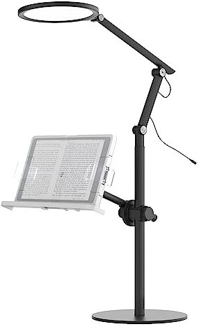Neatfi Lampada scrivania LED multifunzione, 3 modalità colore, 5 livelli luminosità, illuminazione zoom, webcam, USB/spina (Con supporto per libro/tablet e supporto, Nero)
