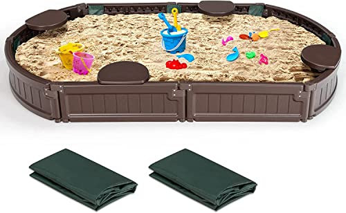 DREAMADE Bac à Sable pour Enfants avec Couverture, Bâche de Sol et Sièges - pour Le Jardin Outdoor (Ovale)