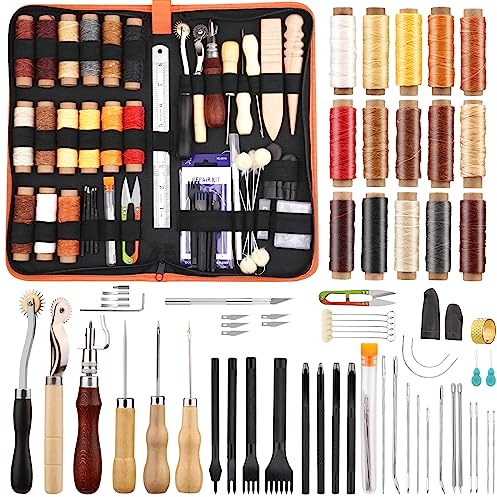 Set di strumenti in pelle, set di strumenti di lavoro in pelle, set da cucito in pelle con filo di cera 15 colori, punzone a punta, scanalatore, punteruolo, custodia
