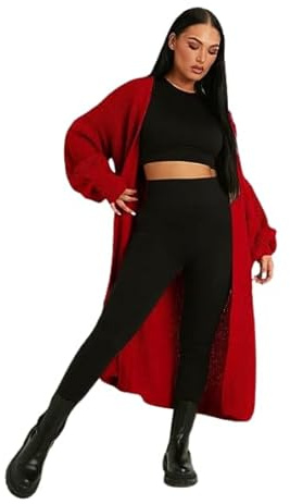 RAYM STORESS® Ladies Long Maxi Knitted Cardigan Balloon Sleeve 2 Pocket Womens Open Front Boyfriend Cardigans Top Multiple Colors Size UK 8-22 Red