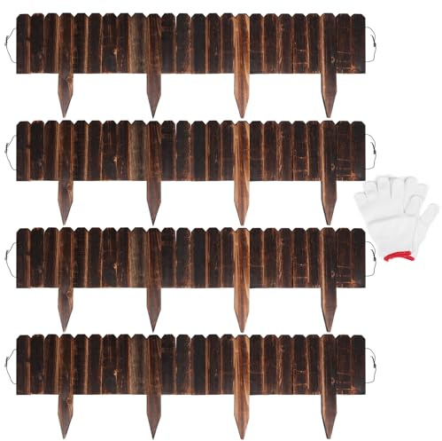 Newflager 4 Pack Garden Wooden Fence Anti-Corrosive Outdoor Landscape Edging Flexible Decorative Border for Garden Yard Flower Tree Fence - 7.9'' H x 47'' L