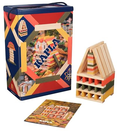 KAPLA Barril de Otoño 200 tablones de Colores (Naranja, Verde y Amarillo) con su Cuaderno de Construcción, Juguete de Madera, Juego de Construcción, a Partir de 2 Años...
