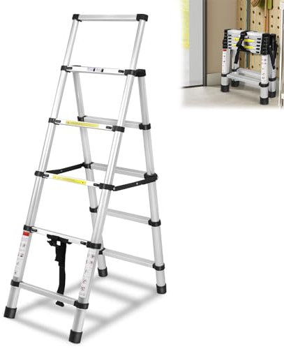 Aufun Escalera Telescópica Escalera Plegable Escalera de Aluminio Antideslizante Escalera Multifuncional Escalera Extensible Escalera de Apoyo Capacidad Máx 150kg (Estructura en A 5 + 6 peldaños)