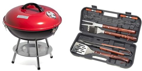 Cuisinart CCG190RB Inch BBQ, 14 x 14 x 15, Portable Charcoal Grill, 14 (Red) & CGS-W13 Wooden Handle Tool Set, Black (13-Piece)