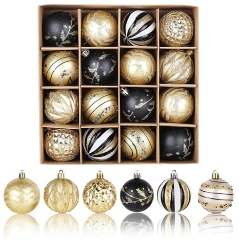Boules de Noël en plastique 16 pièces : 6 cm Boules de Noël en plastique Petites boules de Noël avec cordon pour décorations de Noël (noir et doré)