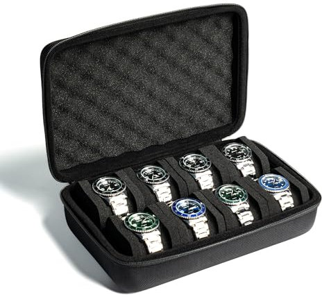 AUKURA Uhrengehäuse mit 8 Fächern, Hartschalen-Aufbewahrungsbox, harte Uhrenbox, gepolsterte Hülle für Uhren-Display und Organisation