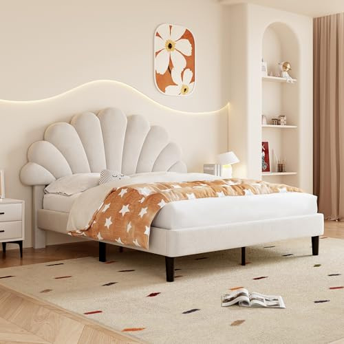 Merax 4ft6 Platform Bed Frame Double Upholstered with Adjustable Chic Petal Headboard, Solid Wood Slat Support, No Box Spring Needed, Easy Assembly,Beige Velvet