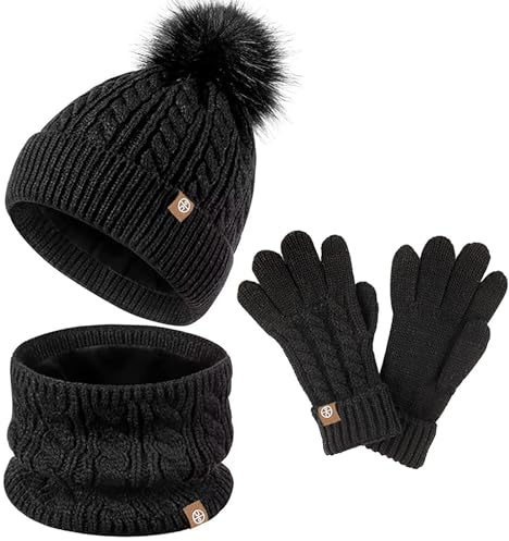 Ensemble de Bonnet Echarpe Gants pour Enfant, 3 en 1 Bonnet Hiver en Tricot avec Pompon Fille Garçon, Tour de Cou Tricoté Thermique pour Enfants 5 à 12 Ans - Accessoires d'hiver (Noir)