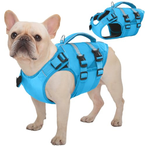 Kuoser Schwimmweste Hund Mittlere, Rettungswesten für Hunde Schwimmweste mit Griff und Reflektierend, Verstellbar Hundeschwimmweste, Schwimmweste für Mittel Hunde mit Verbesserter Auftrieb, Blau M