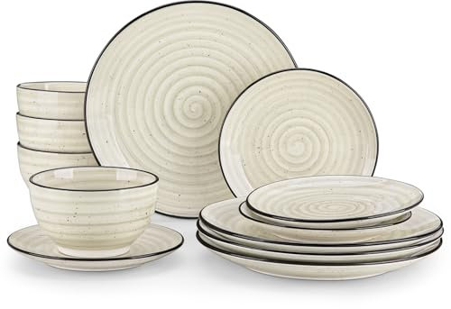 vancasso Bonbon Dinner Set for 4, Double-Sided Handpainted Swirls Plates and Bowls Set, 12 Piece Crockery Set with Dinner Plates, Dessert Plates and Cereal Bowl, Beige