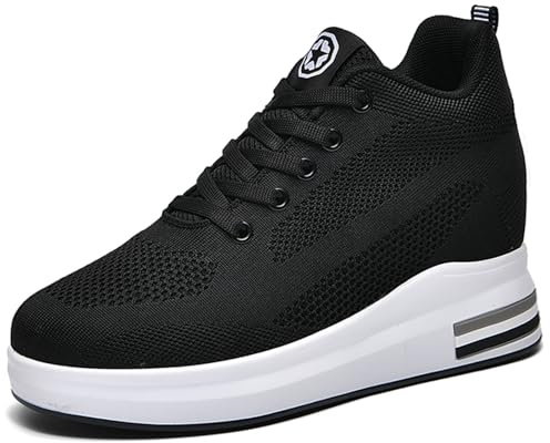 Baskets Compensées Femme Chaussure de Gym Plateforme Respirantes Sneakers Fitness Baskets Casual Lacets Chaussures Talon de 8cm Noir 38 EU