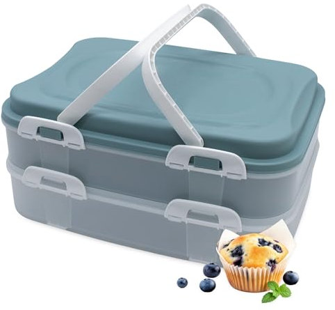 Boîte de transport à gâteaux à 2 étages et plateau de levage, réutilisable, 40 x 30 cm, avec couvercle et poignée de transport, pliable, boîte de rangement alimentaire