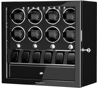 XTELARY Caricaorologi chiudibile nero per 2/4/6/8 con 3/6 slot di memoria, cassetto di stoccaggio, 4 modalità di rotazione, luce LED bianca, motore super silenzioso