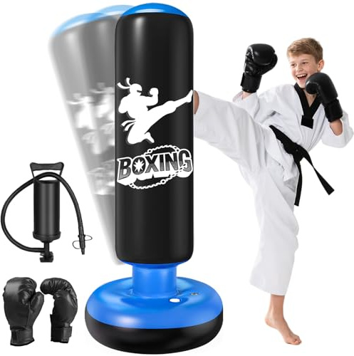Qoosea Saco de Boxeo Niños 6-12 Años, 160cm Saco de Boxeo de Pie con Bomba de Aire y Guantes de Boxeo, Bolsa de Boxeo Inflable Estable para Karate, Kickboxing, MMA, Regalo Ideal para Niños y Niñas
