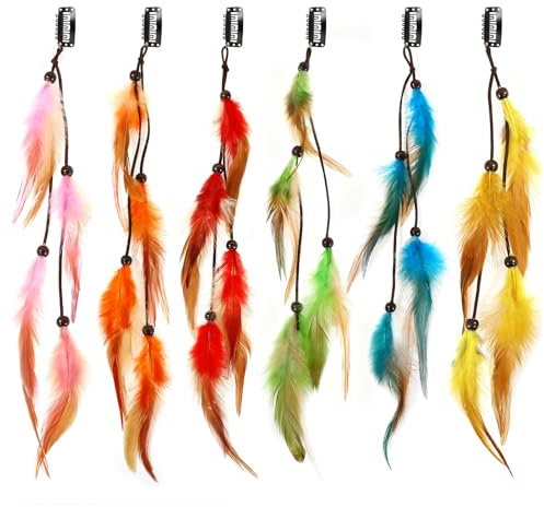 MWOOT 6 Piezas Clips de Pelo Pluma, Indio Pluma Extensiones de Cabello, Bohemio Tocado de Plumas Vistoso para Mujeres, Festival Cosplay Carnaval Halloween Decoracion de Cabello Accesorios
