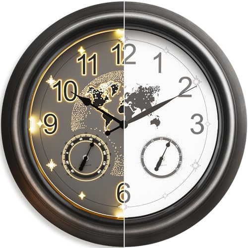 Outdoor Clocks for the Garden, 18 Inch (45cm) Illuminated Outdoor Wall Clock with Automatic Light Sensor, Star World Map Design, Large Waterproof Metal Garden Clock with Thermometer & Hygrometer