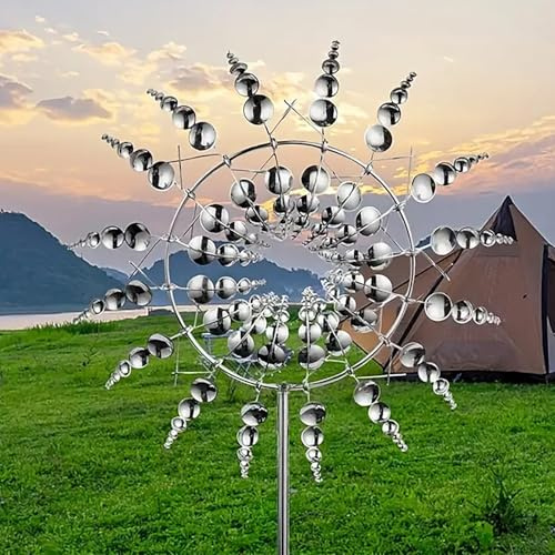 Mulino a vento in metallo unico e magico, motivo a vento 3D, da giardino, in metallo, per terrazze, prati e decorazioni da giardino (argento)