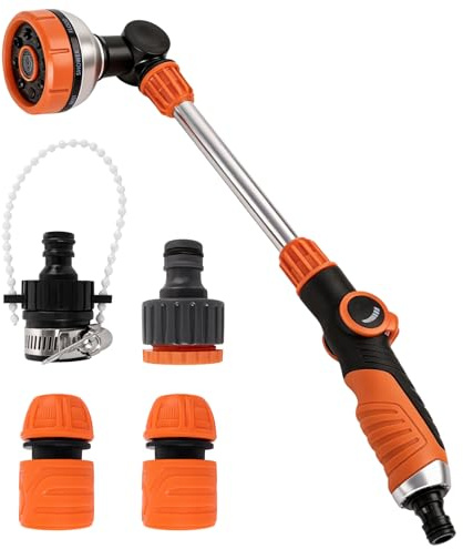 YYSWSAKY Pistola per Irrigazione Giardino Lunga 48cm con Attacco 1/2'' e 2 Adattatori – 8 Modelli Regolabili – Snodabile 180°, Pistola Multifunzione per Giardino per Innaffiare Piante, Lavare Auto