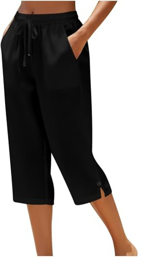 Bermudasmujer Verano Pantalones Cortos Lino 3/4 Mujer Pantalones Talla Grande Cintura Alta Elástiica Pantalón de Pierna Rectos Cómodo Transpirable Pantalón Corto Mujer Verano