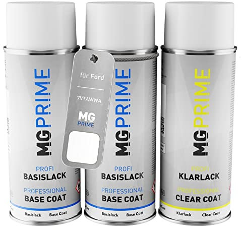 MG PRIME Autolack Sprühdosen Set für Ford 7VTAWWA / PN3GZ0 / H Frozen White Solid/Frost Weiss Grundlack Basislack Klarlack Spraydose 400ml
