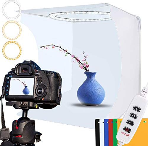 DUCLUS Caja de luz Fotografía 30x30 cm Estudio Fotográfico Portátil, Light Box Fotografia con Luz LED Regulable Blanca Fria/Blanca/Cálida, 6 Fondos de Colores