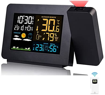 Orologio Proiezione Soffitto con Sensore Esterno, Stazione Meteo Temperatura Umidità Esterna Interna, Sveglia Digitale da Comodino 2-Allarmi LCD Display di Calendario Previsioni del Tempo