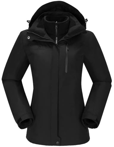CAMEL CROWN Damen wasserdichte Skijacke 3 in 1 Wintermantel Windbreaker Snowboardjacken für Regen Schnee Outdoor Wandern, Schwarz, S