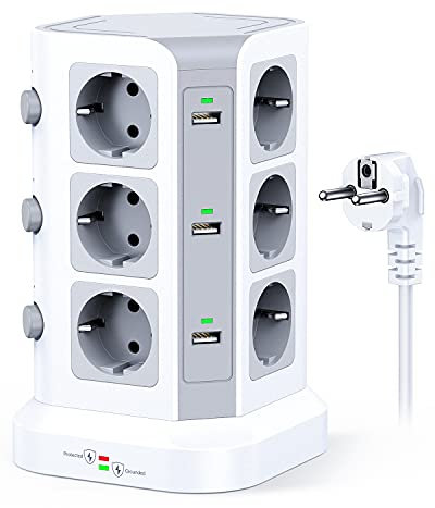 KOOSLA Tour multiprise parafoudre et surtension(4000W/16A), Multiprise Electrique avec 6 Ports USB et 12 Prises, multiprise avec et 3 Interrupteurs, 2M Cordon, Blanc