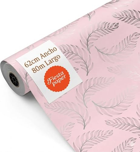 Rollo de Papel Regalo Plumas Plateadas Rosa 62cm x 80m Bobina Grande Resistente - Envolver Regalos Cumpleaños Baby Shower Bodas Tiendas Comercios - FP Fiesta Paper