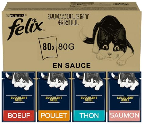 Felix | Succulent Grill | Aliment Complet pour Chat Adulte| Sélection Mixte : Au Poulet, Au Bœuf, Au Saumon, Au Thon| en Sauce | Portion Individuelle | 80x80g