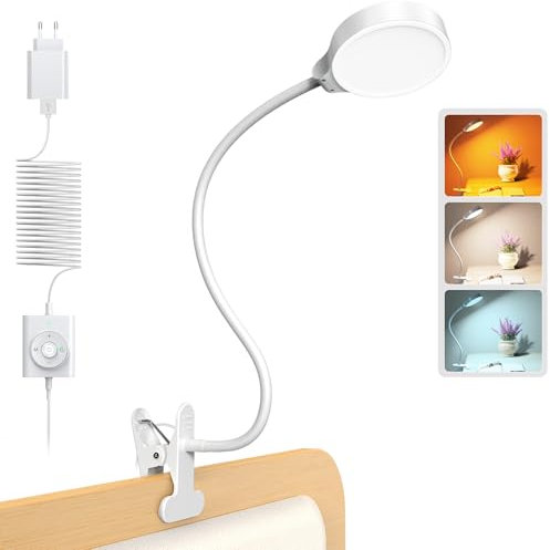 Glocusent 5W Leselampe Bett, 36 LED Leselampe, augenschonende Klemmleuchte, 3 Farb- und 5 Helligkeitsstufen, ansteckbare mit Schwanenhals,CRI 90, perfekte Bettlampe mit USB-Ladegerät (Weiß)