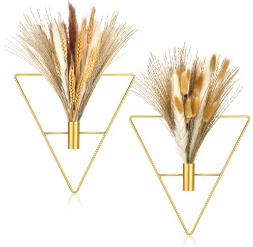Peryiter 2 Pcs Gold Wall Decor Boho Pampas Hanging Planters with Artificial Pampas Wall Mounted Metal Modern Home Decor Display Art Bedroom Bathroom Living Room(Triangle)