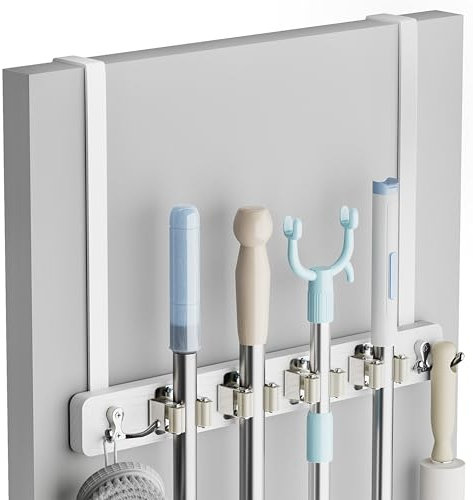 Lorbro Soporte para escoba, soporte para escoba y fregona con 2 ganchos para puerta, colgador de escoba de madera, organizador de herramientas para lavandería, garaje, armario, decoración de cocina, 4
