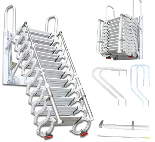 Escaleras de ático montadas en la Pared, Escalera Plegable para Loft, Escalera telescópica con pasamanos, escaleras desplegables de 12 escalones (White, 12 Steps)