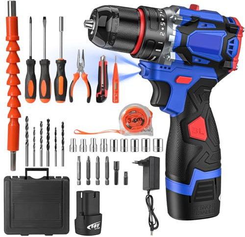 Taladro atornillador inalámbrico, 16,8 V, atornillador inalámbrico con batería, 50 Nm, 21+3 ajustes de par, 2 velocidades, LED, 31 accesorios y Maleta, para bricolaje (una batería)